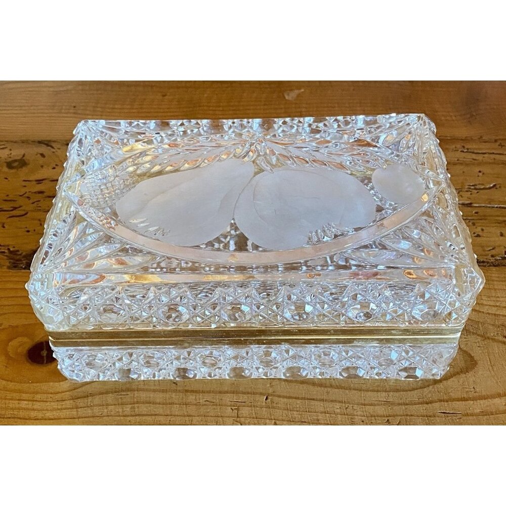 Clear Cut Glass Trinket Box with Leaf Etching